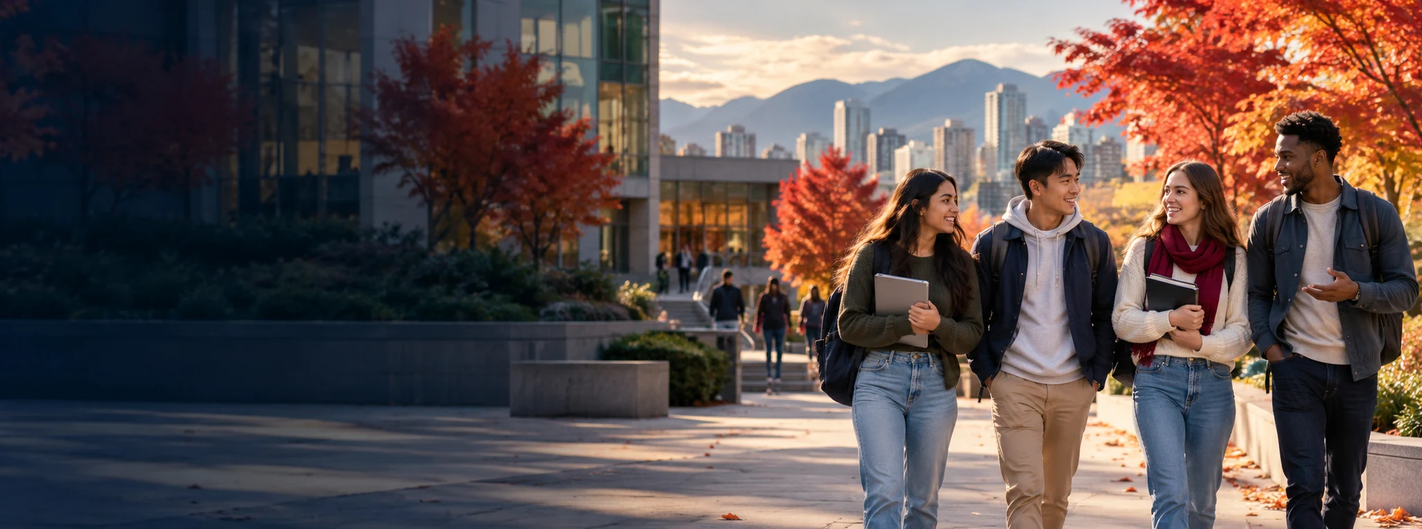 International students walking through a Canadian university campus in autumn