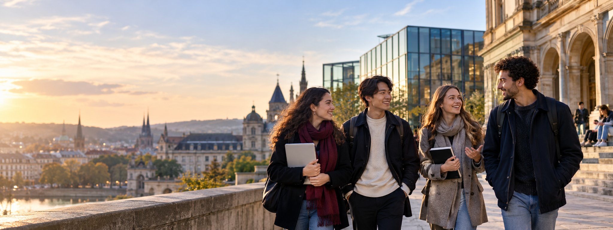 International students in a European university district at sunset