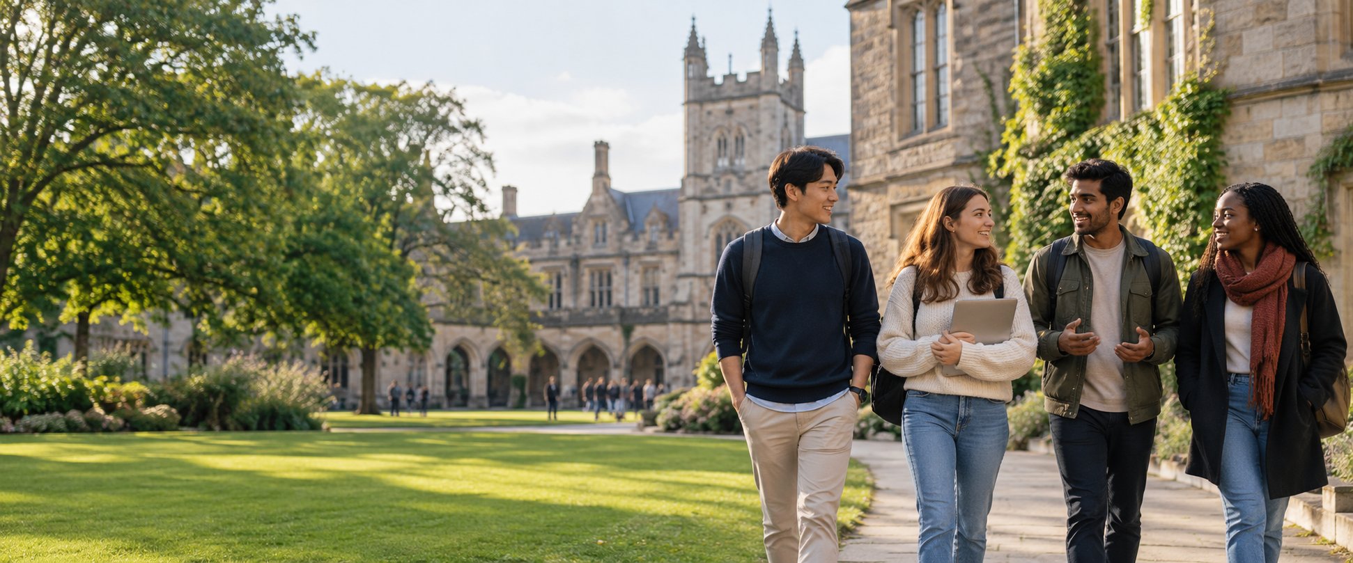 International students walking through a green university campus in Ireland