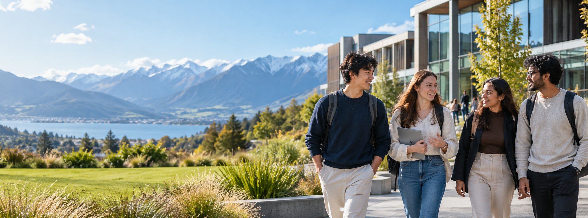 International students walking on a New Zealand university campus near mountains