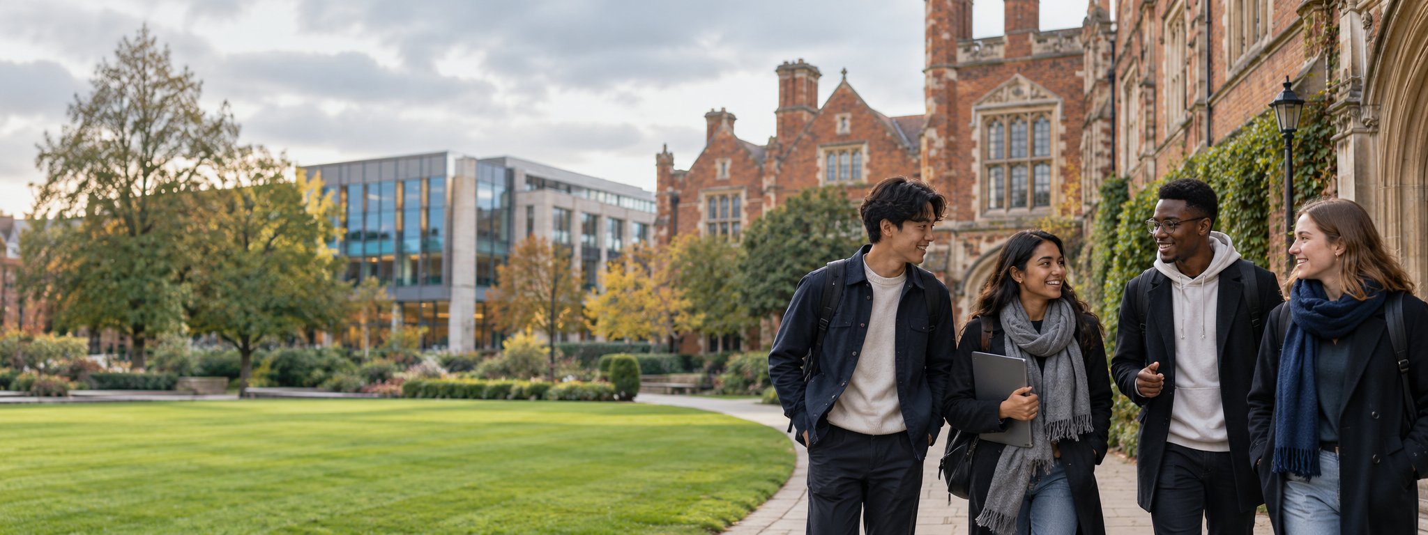 International students crossing a historic university campus in the United Kingdom